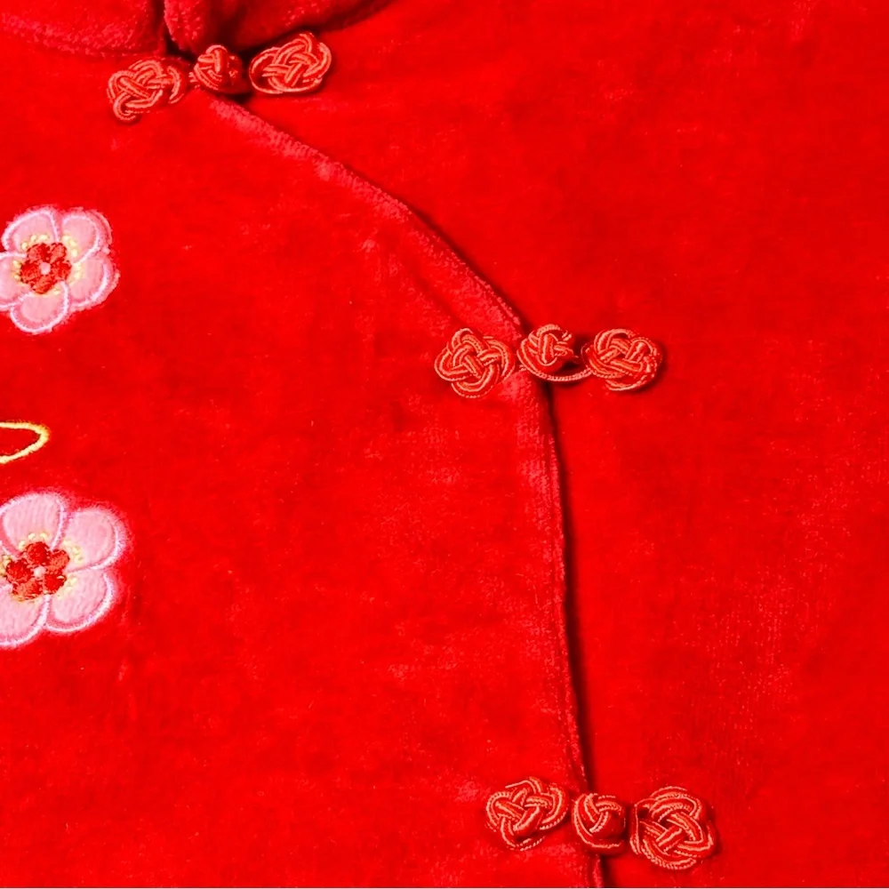 Croco kids red velvety dress mandarin collar‎ floral embroidery child 12 NWT